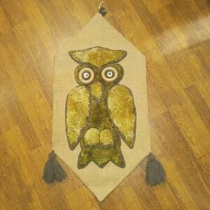 Vintage Crewel Owl Wall Hanging Burlap Boho Fiber Art Tassel Mid Century Decor